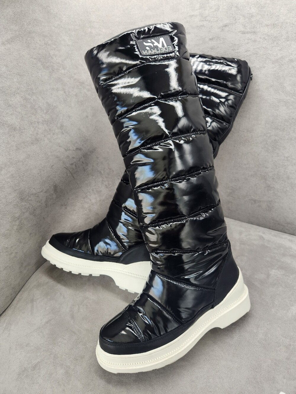 Sam Edelman Snow Boots 8 Black Quilted Glossy Camora Puffer Winter Chunky Tall